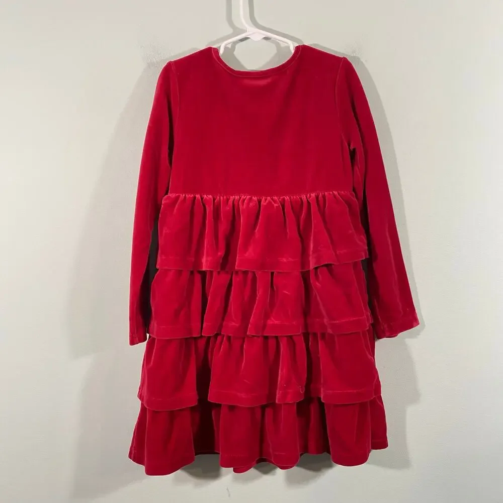 Hanna Andersson Girl's Red Velour Tiered Ruffle L/S Holiday Dress Size 120 (6-7)